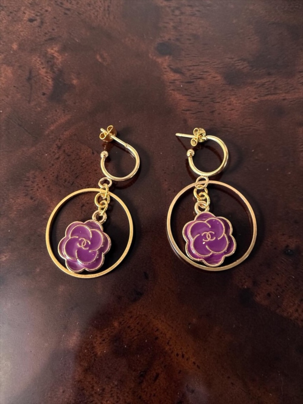 CHANEL UPCYCLED Gold Hoop Earrings with Purple Camellia Drops
